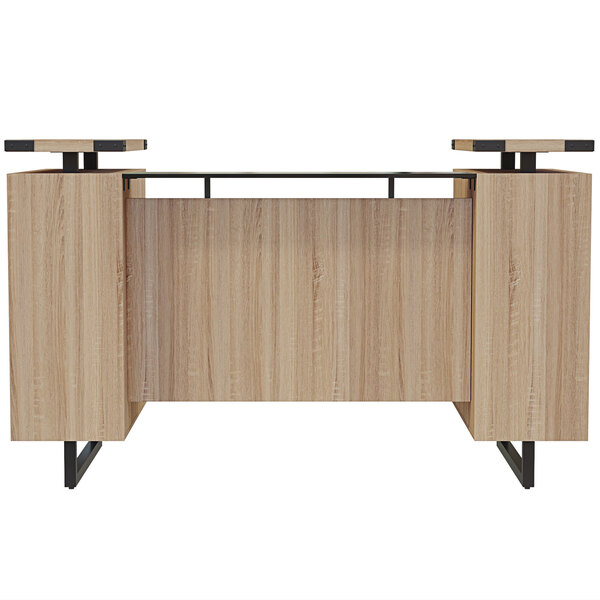 A wooden Safco Mirella reception desk with a glass countertop and metal railings.