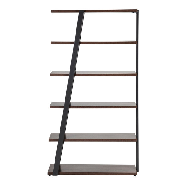 A Safco Mirella Southern Tobacco 5-Shelf Bookshelf with a metal frame.