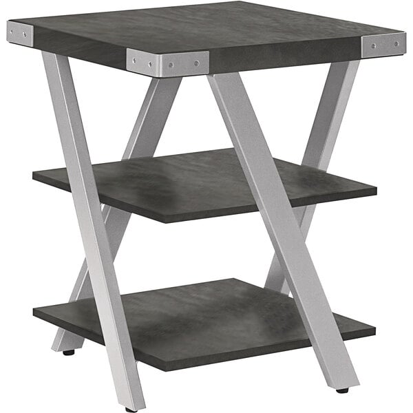 A stone gray Safco Mirella end table with three shelves.