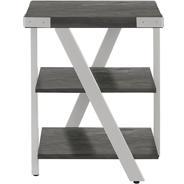 A Safco Mirella stone gray end table with three shelves.