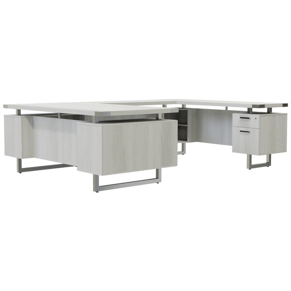 White Ash U Shaped Desk With 30 Deep Pedestal 2 Storage