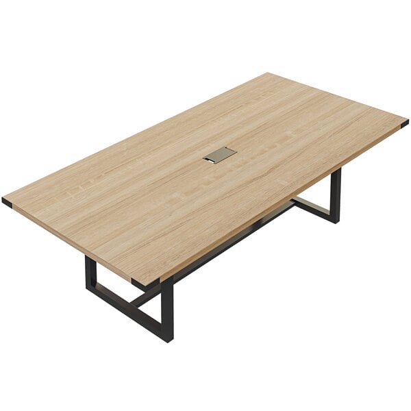 A Safco Mirella rectangular conference table with a metal base in sand dune finish.