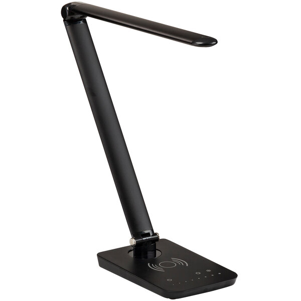 A black Safco Vamp LED desk lamp with a multi-pivot adjustable arm and USB port.