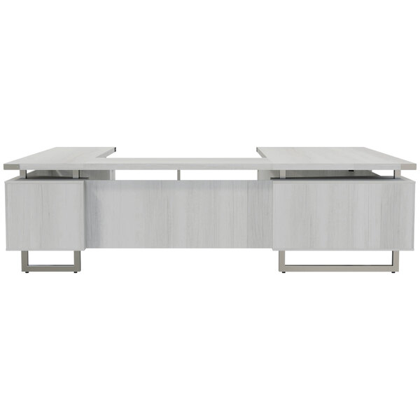 A white desk with a white surface and two drawers.