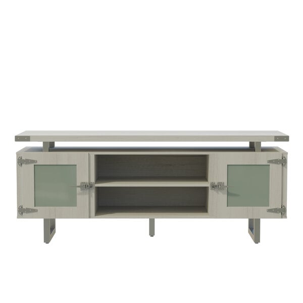 A white and grey Safco Mirella low wall cabinet with glass doors.