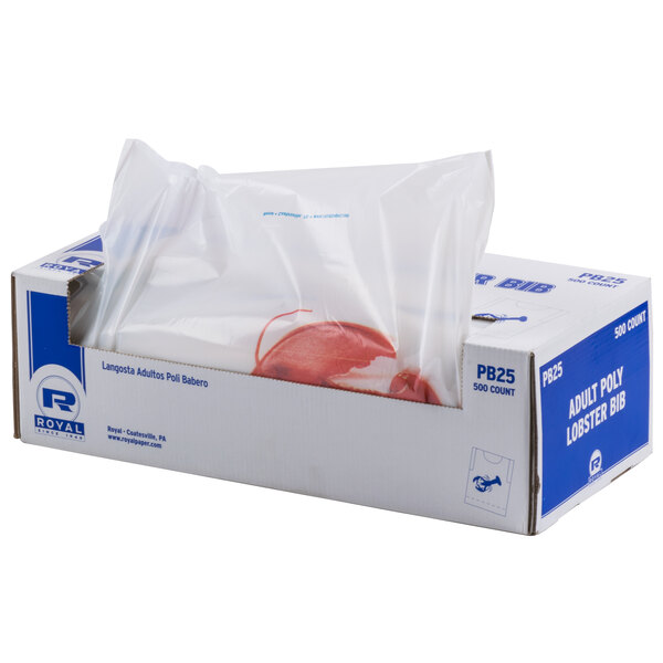 A white box of Royal Paper disposable lobster bibs with a clear plastic bag inside.