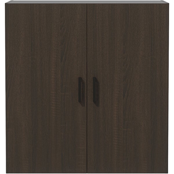 A dark wood Safco Mirella display cabinet with wood doors.