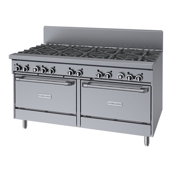 A large stainless steel commercial gas range with ten burners and two ovens.
