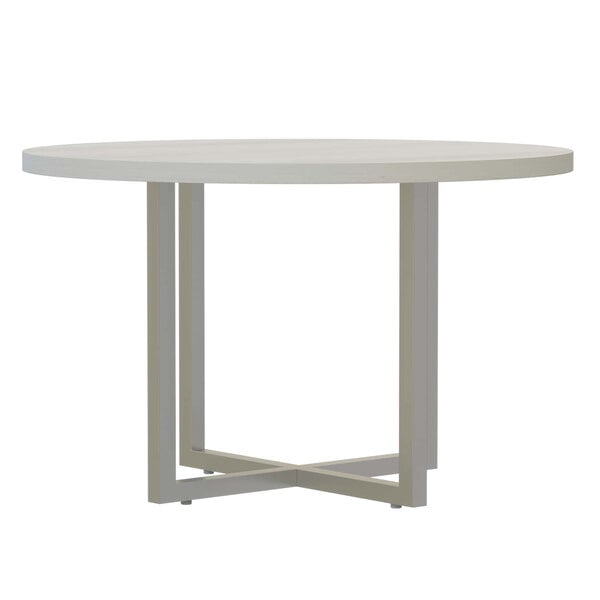 A Safco Mirella white ash round conference table with a white top and base.