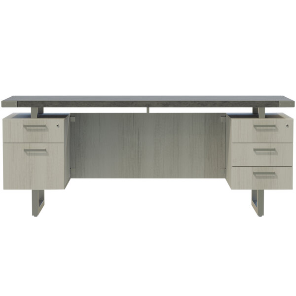 A Safco Mirella stone gray and white ash free-standing credenza with drawers.