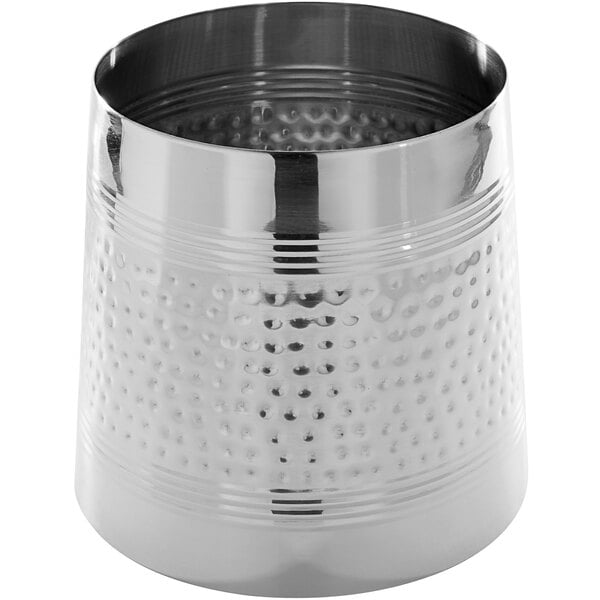 a silver metal container with a round top