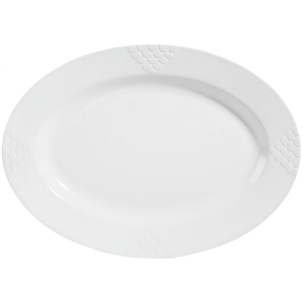 A white oval melamine platter with a pattern on the surface.