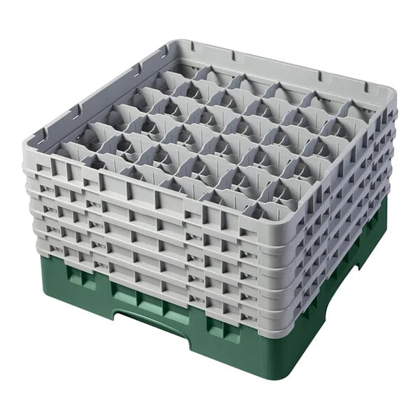 A green and gray plastic glass rack with 36 compartments and five stackable extenders.