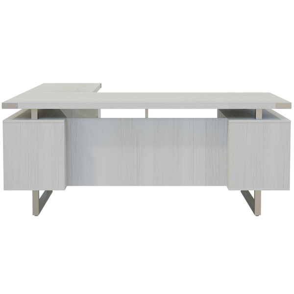 A white Mirella L-shaped desk with drawers.