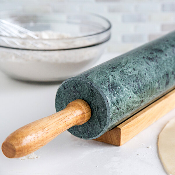 10" Green Marble Rolling Pin with Wood Handles and Base