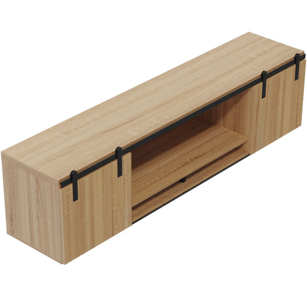 A Safco Mirella wall-mounted hutch with sand dune finish and sliding wood doors.