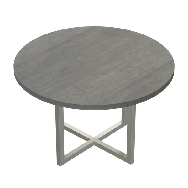 A Safco Mirella round conference table with a stone grey wood top and metal base.