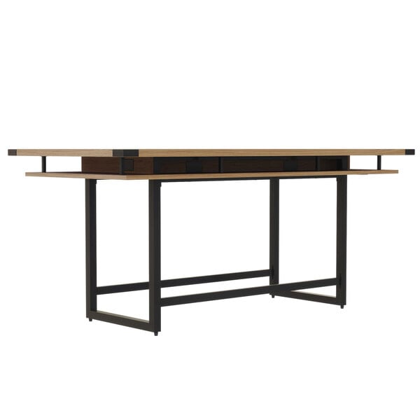 A Safco Mirella rectangular conference table with a wooden top and metal frame.