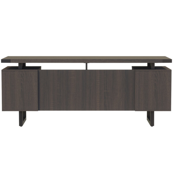 A brown wooden Safco Mirella credenza with black metal legs.