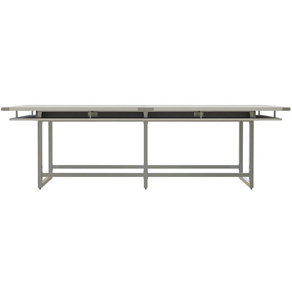 A Safco Mirella rectangular conference table with a white surface and metal legs.