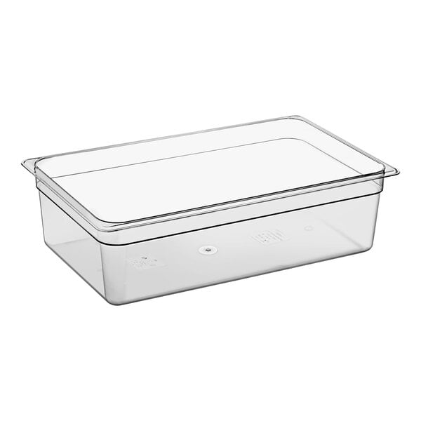 A Cambro clear polycarbonate rectangular food pan with a lid.
