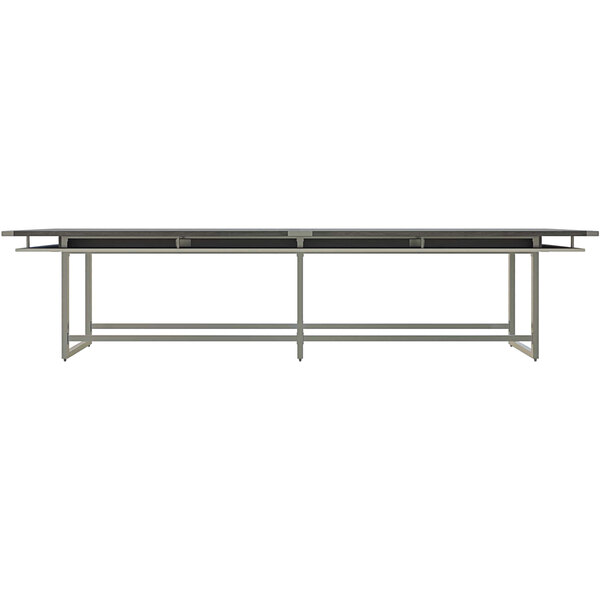 A Safco Mirella stone gray rectangular conference table with two metal legs.
