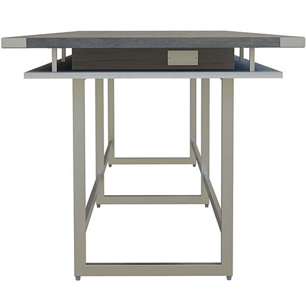A Safco Mirella rectangular standing conference table with a stone gray finish and metal base.