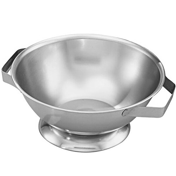 A silver stainless steel Vollrath tureen with handles.