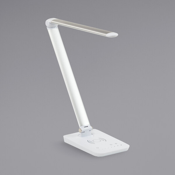 A white desk lamp with a silver arm and base.