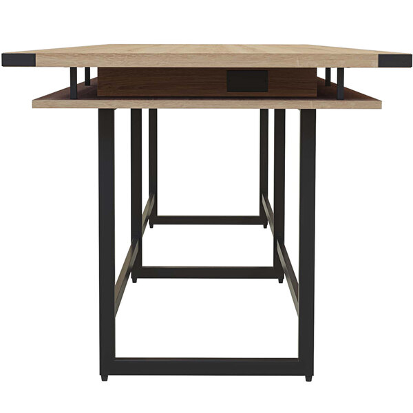 A Safco Mirella rectangular conference table with a wooden top and metal legs.