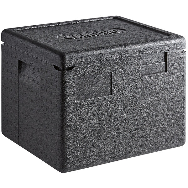 A black Cambro Cam GoBox top-loading food pan carrier with a lid.