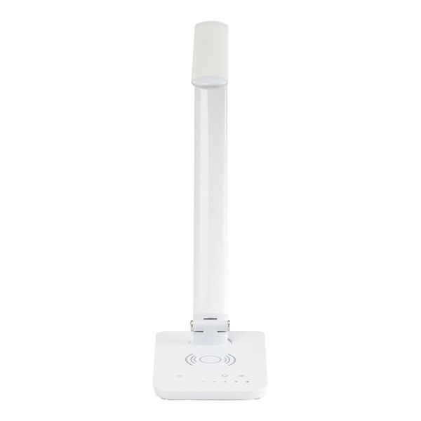 A white LED desk lamp with a multi-pivot adjustable arm, wireless charging base, and USB port.