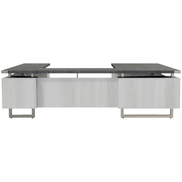 A Safco Mirella stone gray and white ash U-shaped desk with a white board top and black border.