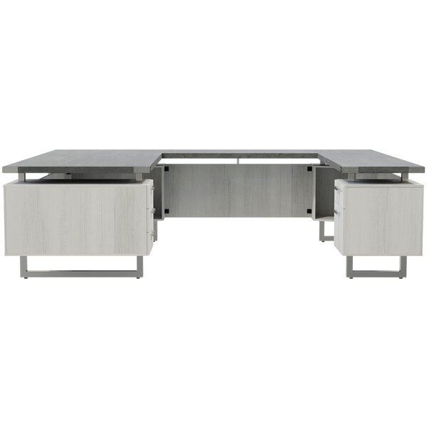 A Safco Mirella stone gray and white ash U-shaped desk with drawers.