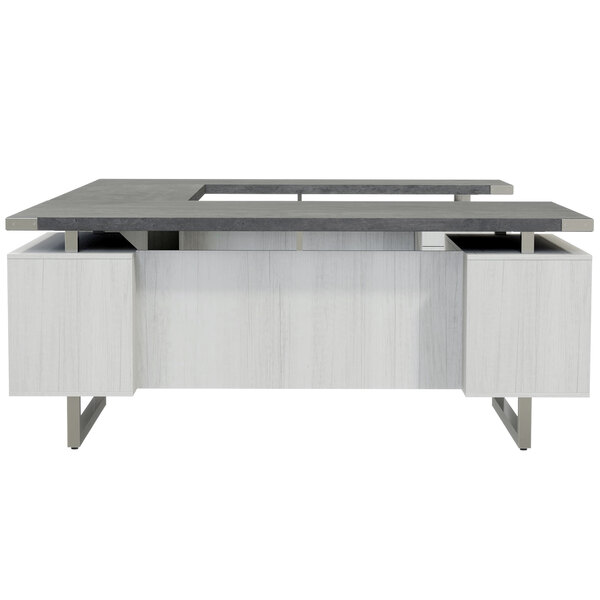 A Safco Mirella stone gray and white ash U-shaped desk with storage drawers.
