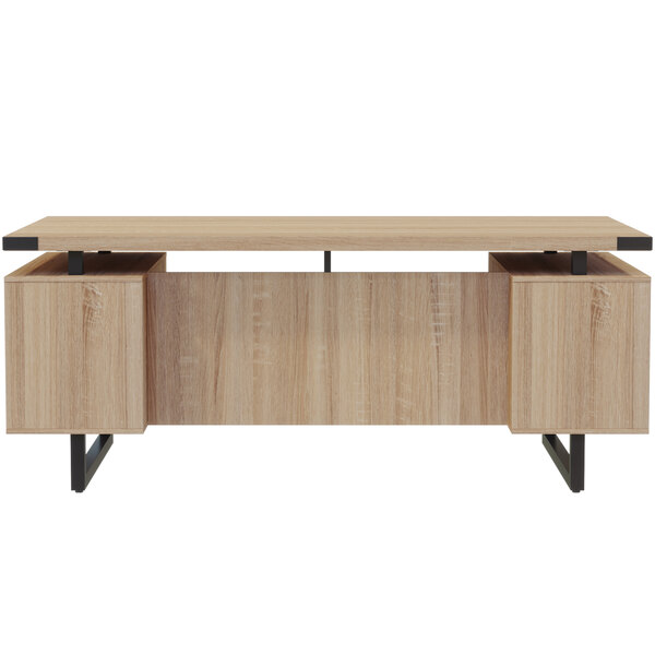 a wooden table with a metal railing