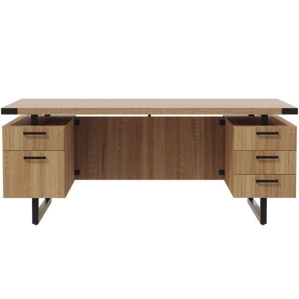 A Safco Mirella free-standing desk in sand dune with drawers on top.