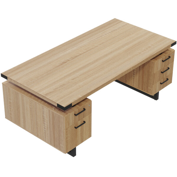 A wooden Safco Mirella desk with 4 storage and 1 file drawer.