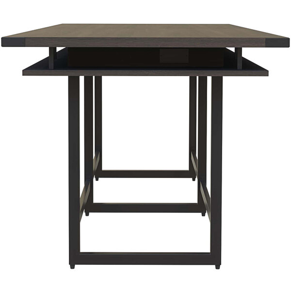 A black Safco Mirella rectangular conference table with a metal base and a shelf.