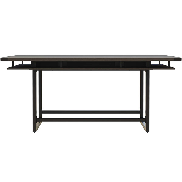 A brown Safco Mirella two-tier rectangular conference table with a metal frame.