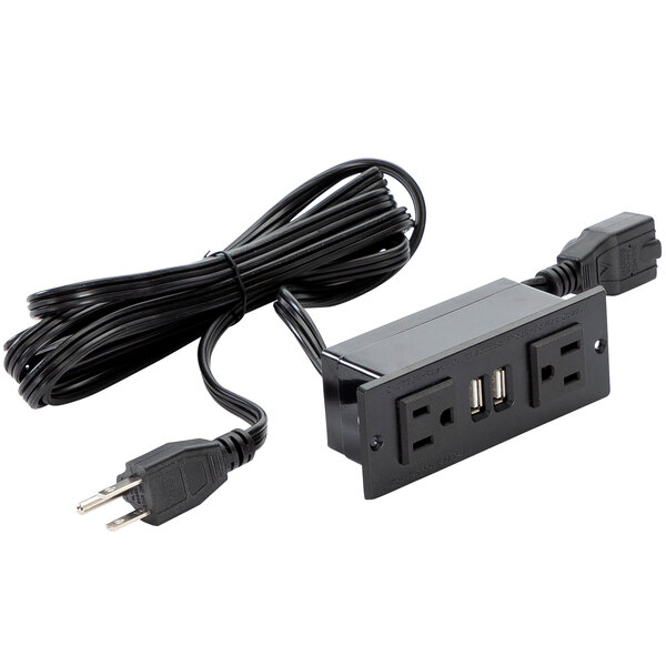 A black Safco daisy chain power module with 2 outlets and 2 USB ports.
