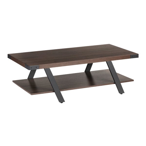 A Safco Mirella brown wood and metal coffee table with metal legs and a shelf.