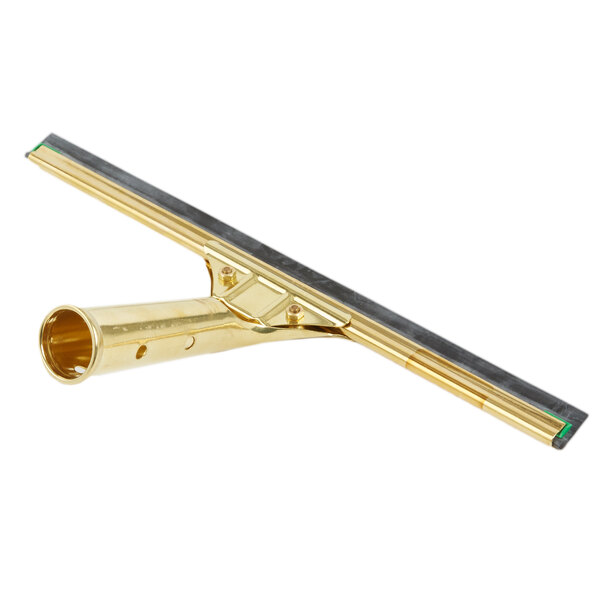 A Unger GoldenClip window squeegee with a brass handle.