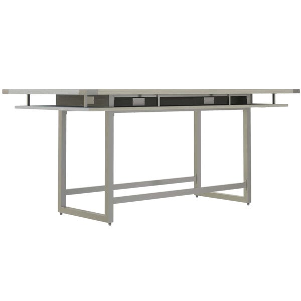 A Safco Mirella rectangular standing conference table in white ash with a black top.