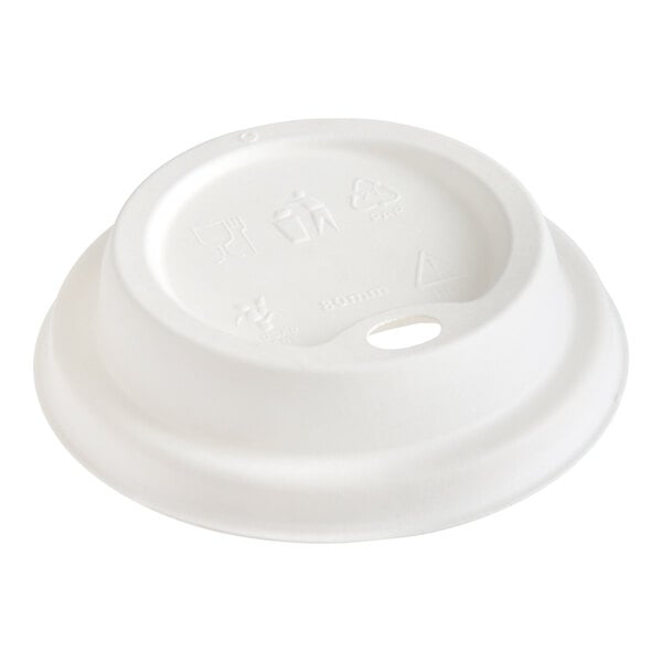 A white compostable plant fiber hot cup lid designed for 8 oz. tall cups.