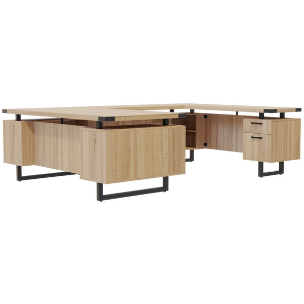 A Safco Mirella sand dune U-shaped desk with storage drawers and a file drawer.