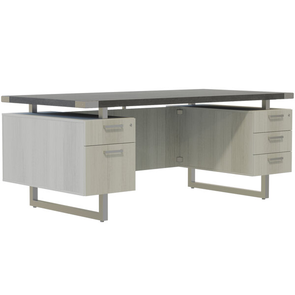 A Safco Mirella stone gray and white ash desk with 4 storage and 1 file drawer.