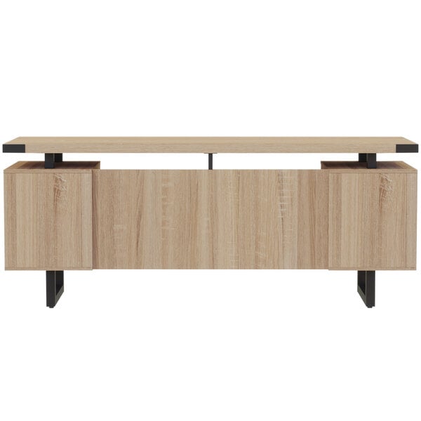 A Safco Mirella sand dune free-standing credenza with storage and file drawers.