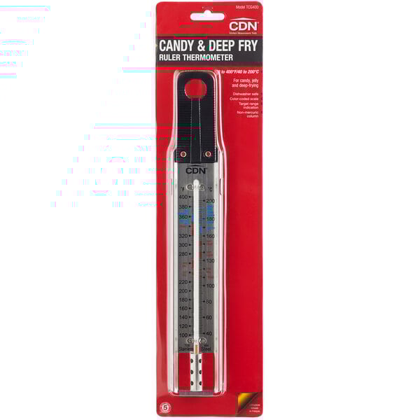 A CDN TCG400 Candy / Deep Fry Paddle Thermometer in packaging with skewer probe.
