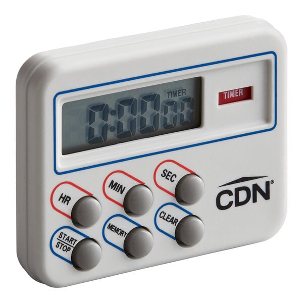 A white CDN TM8 multi-task digital 24-hour kitchen timer with a clock and multiple control buttons.
